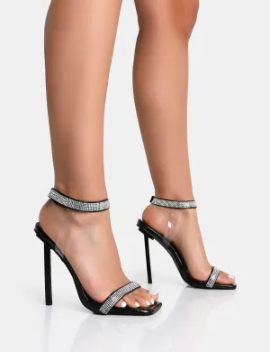 Afterglow Black Patent Barely There Diamante Strap Stiletto Heels