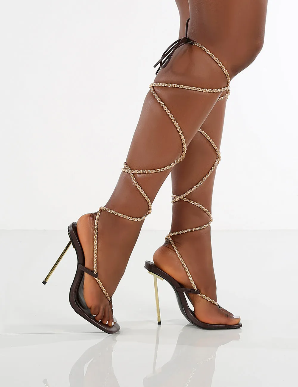 Amber x Public Desire Goldenhour Chocolate Strappy Chain Stiletto Heels