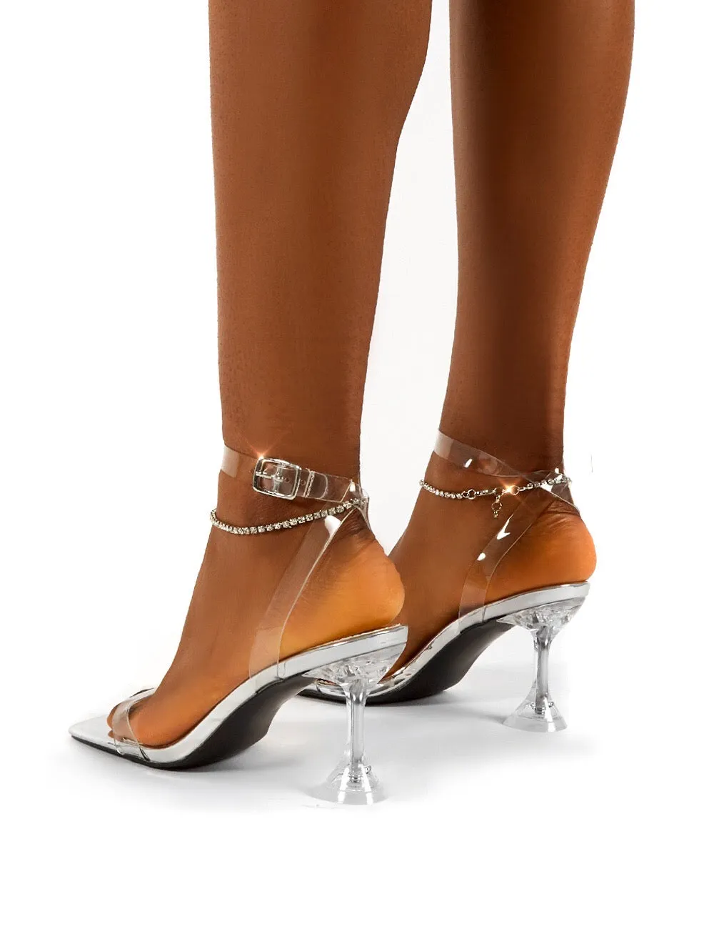 April Silver Clear Perspex Diamante Ankle Chain Square Toe Heels