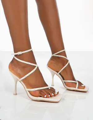 Back Up White Pu Square Toe Strappy Mid Heels