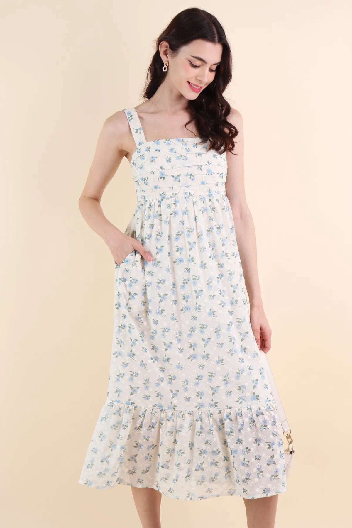 BEGONIA EYELET MIDAXI DRESS IN BLUE