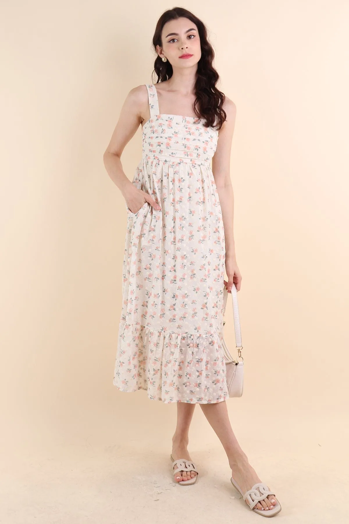 BEGONIA EYELET MIDAXI DRESS IN CORAL