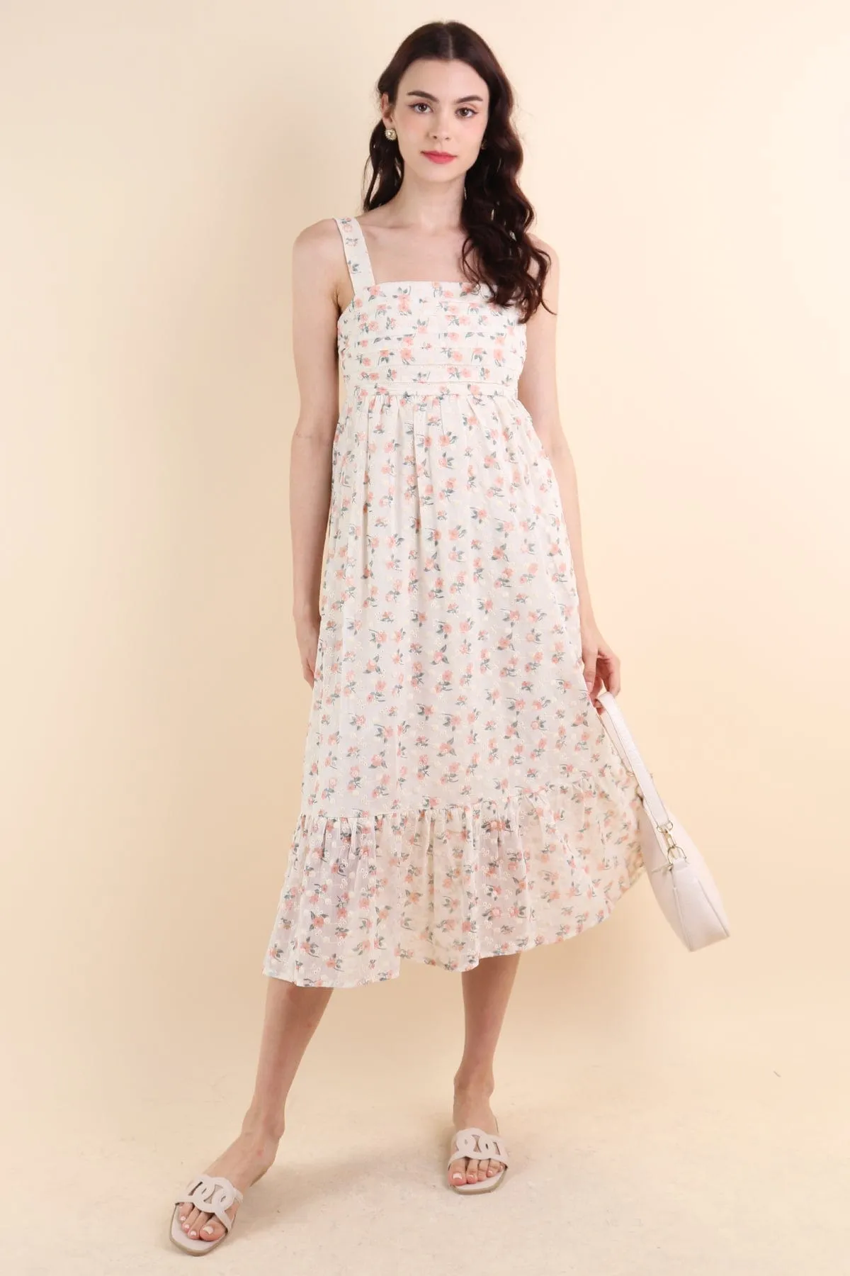 BEGONIA EYELET MIDAXI DRESS IN CORAL