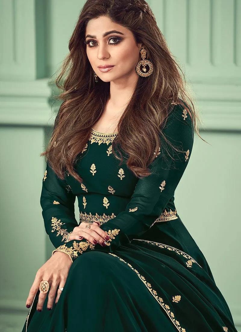 Bottle Green Heavy Embroidered Suit Featuring Shamita Shetty