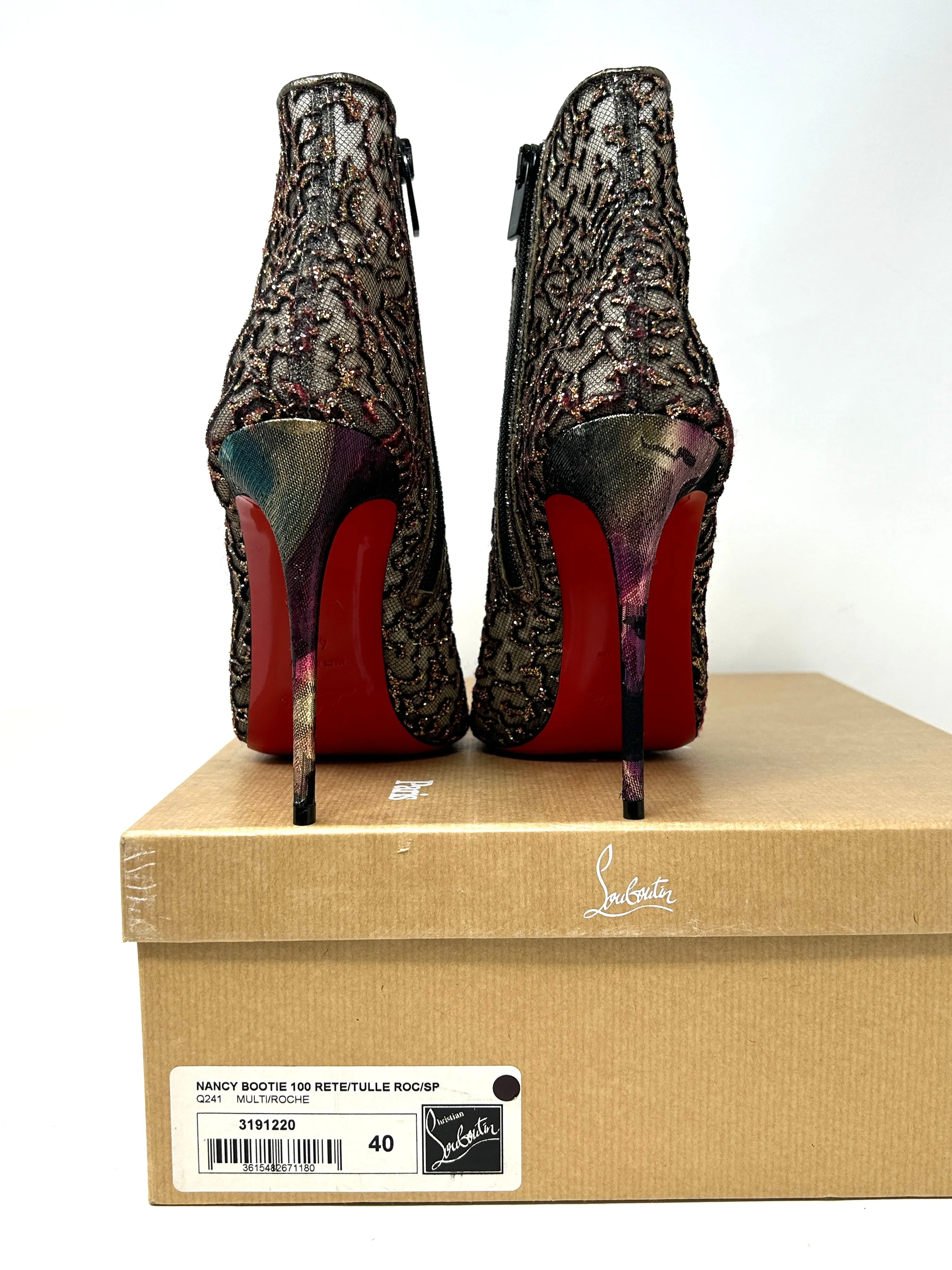 Christian Louboutin Nancy Bootie 100 Multicolored Glitter Tulle Heels 40 UK 7