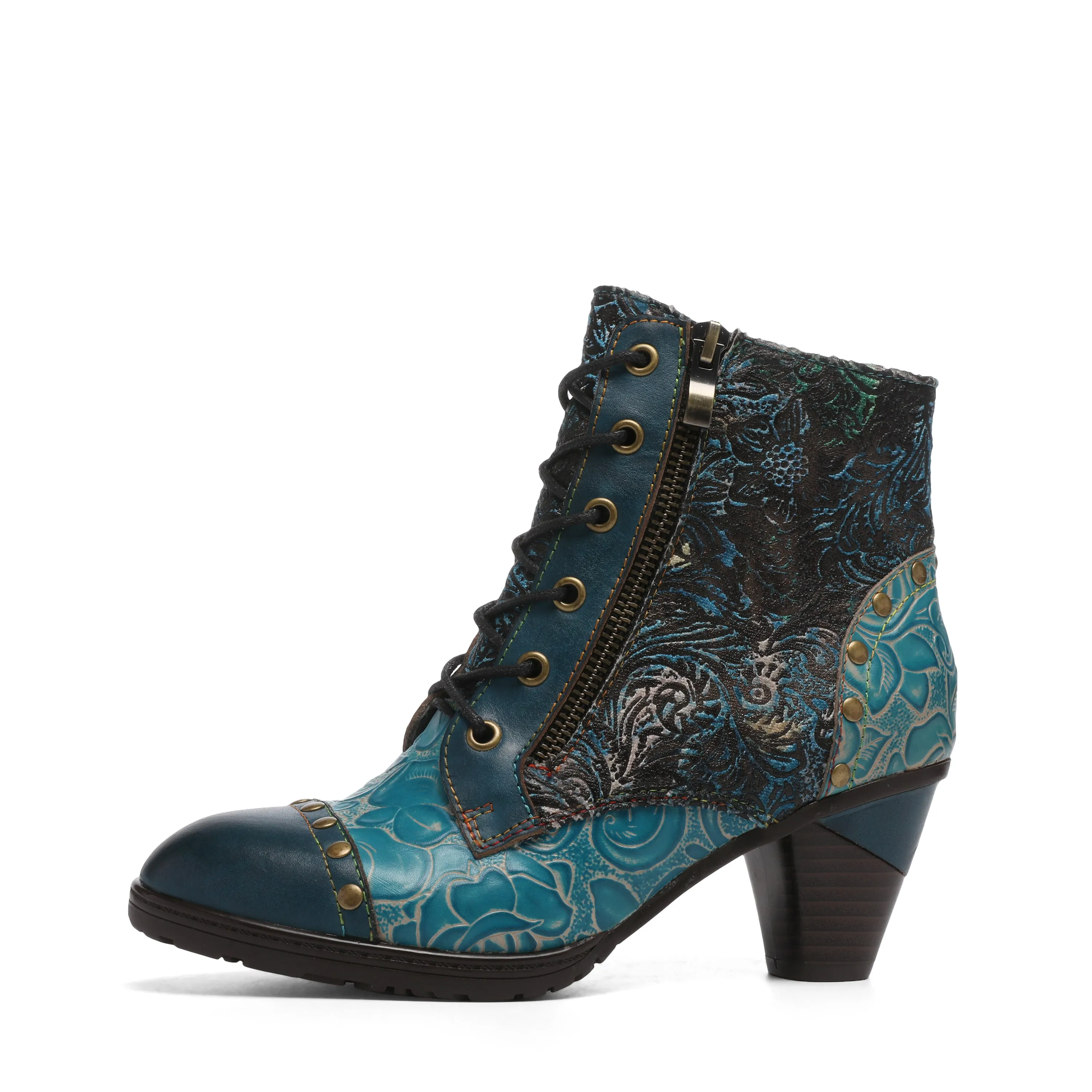 CrazycatZ Womens  Boots Bohemian Block Heel Leather Floral Boots Colorful Leather Heeled Ankle Boots Studded Light Blue