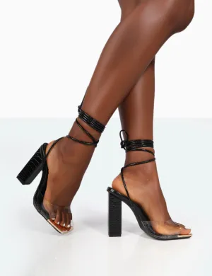 Date-Night Wide Fit Black Croc Lace Up Clear Perspex Square Toe Heels