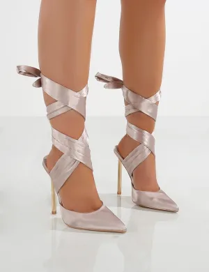 Dusk Nude Satin Tie Around Ribbon Lace Up Heels