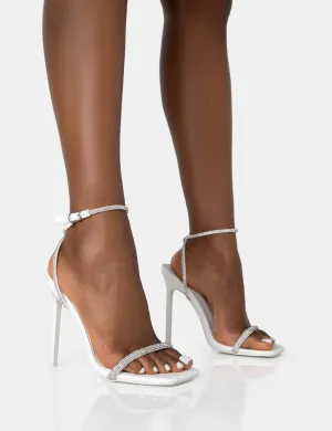 Evan White PU Diamante Barely There Square Toe Stiletto Heels