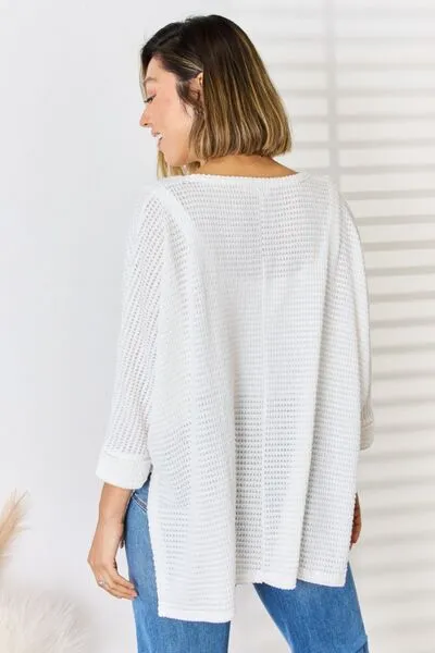 Full Size Waffle Knit V-Neck Long Sleeve Slit Top