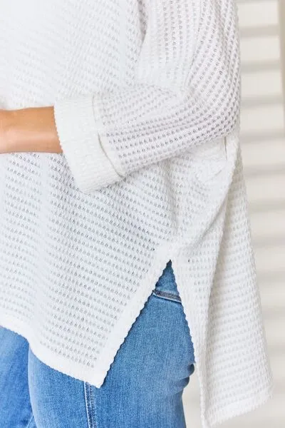 Full Size Waffle Knit V-Neck Long Sleeve Slit Top