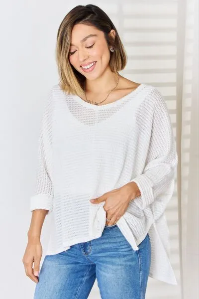 Full Size Waffle Knit V-Neck Long Sleeve Slit Top