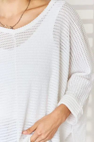 Full Size Waffle Knit V-Neck Long Sleeve Slit Top