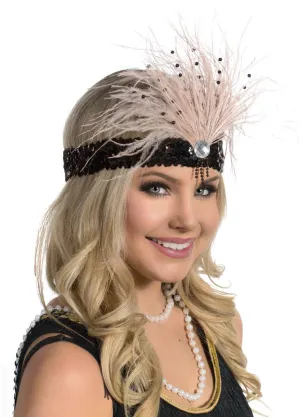 Gatsby Soft Champagne Feather Flapper Headband with Black Sequins