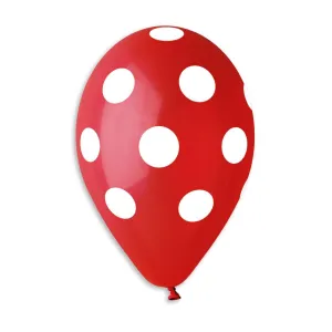 Gemar Latex Balloon #045 Red Polka Dots White Printed 12 inch 50 Count Solid Color