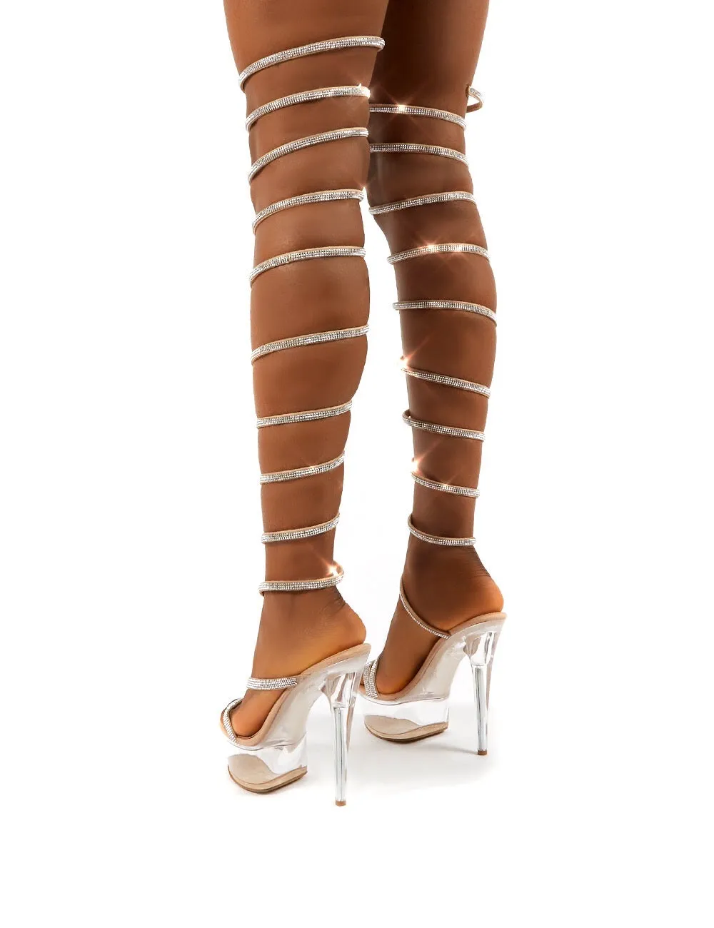 Hypnotised Nude Diamante Thigh High Wrap Around Clear Perspex Platform Stiletto Heels