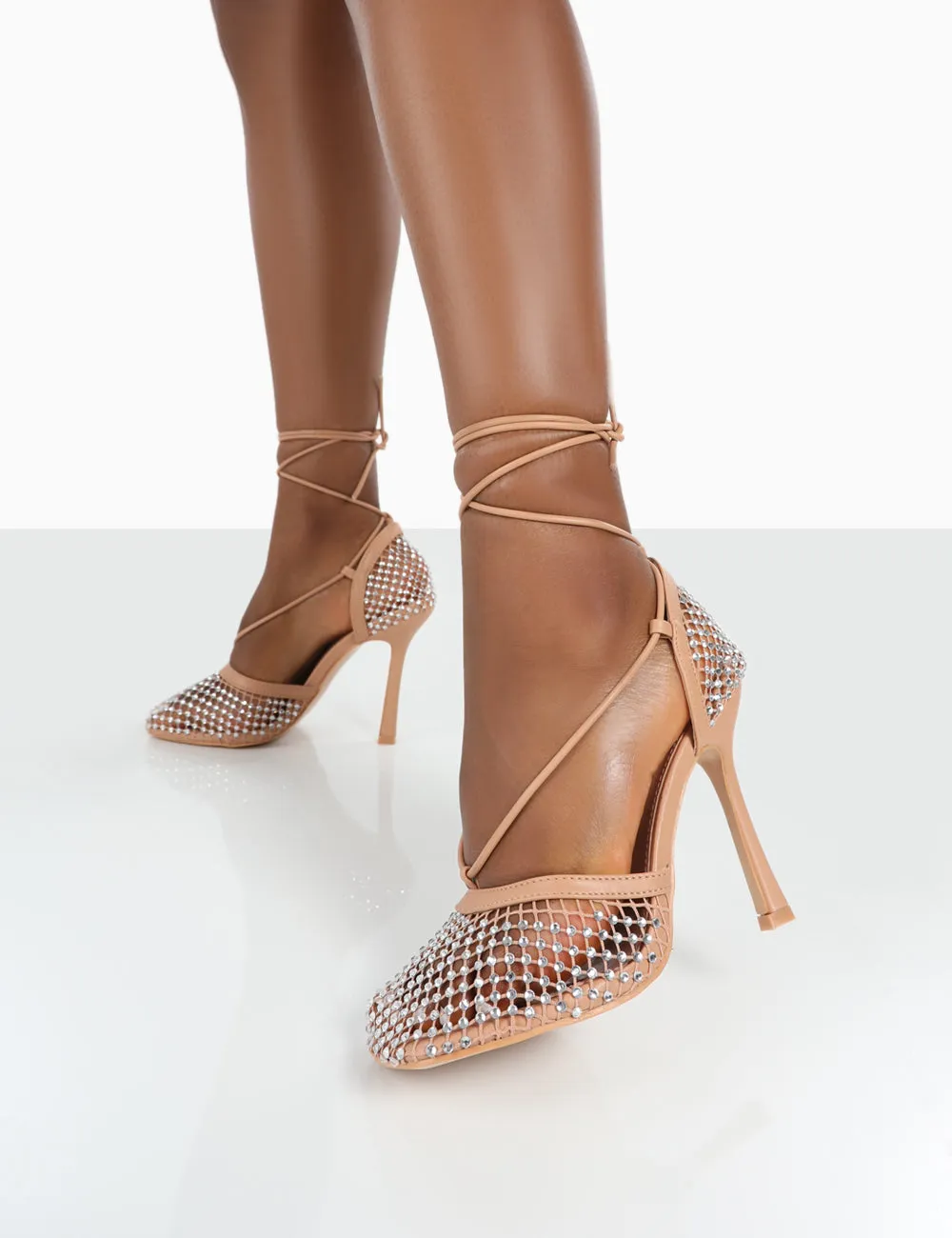 Longshot Nude Sparkly Diamante Wrap Around Mesh Heels