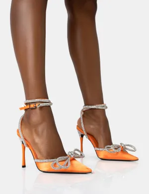 Midnight Neon Orange Satin Wrap Around Bow Pointed Toe Court Heels