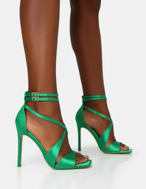 Moana Green Satin Cross Over Strap Square Toe Stiletto Heels