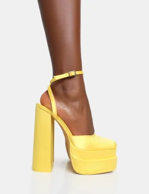 Moonchild Yellow Satin Closed Toe Statement Platform Block Heels