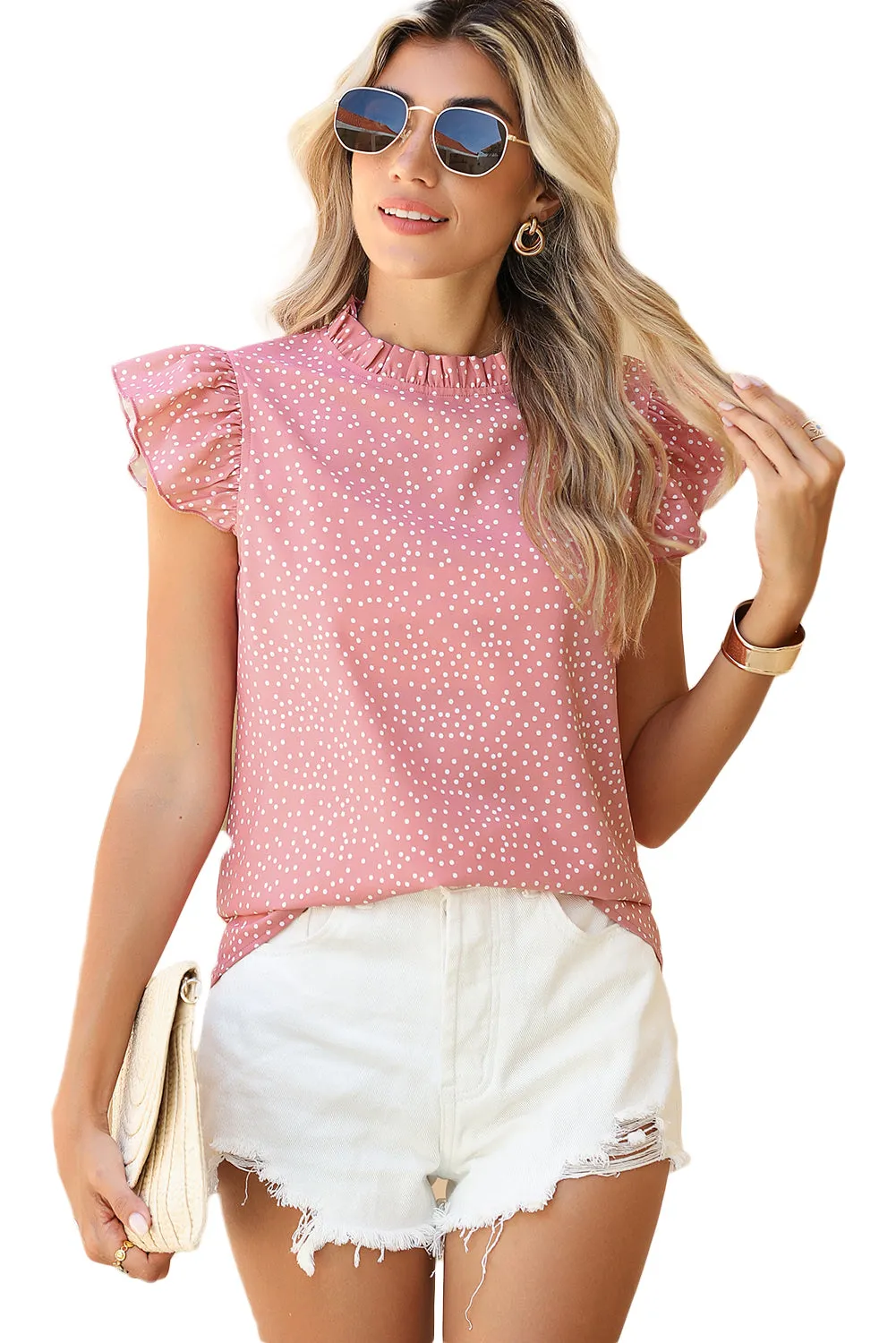 Pink Polka Dot Frilled Neck Ruffle Trim Blouse – Pretty in Pink, Ruffles for Days 💖