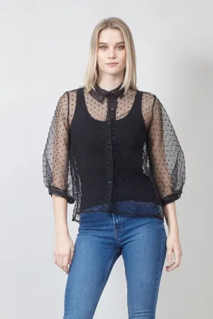 Polka Dot Button Front Sheer Shirt