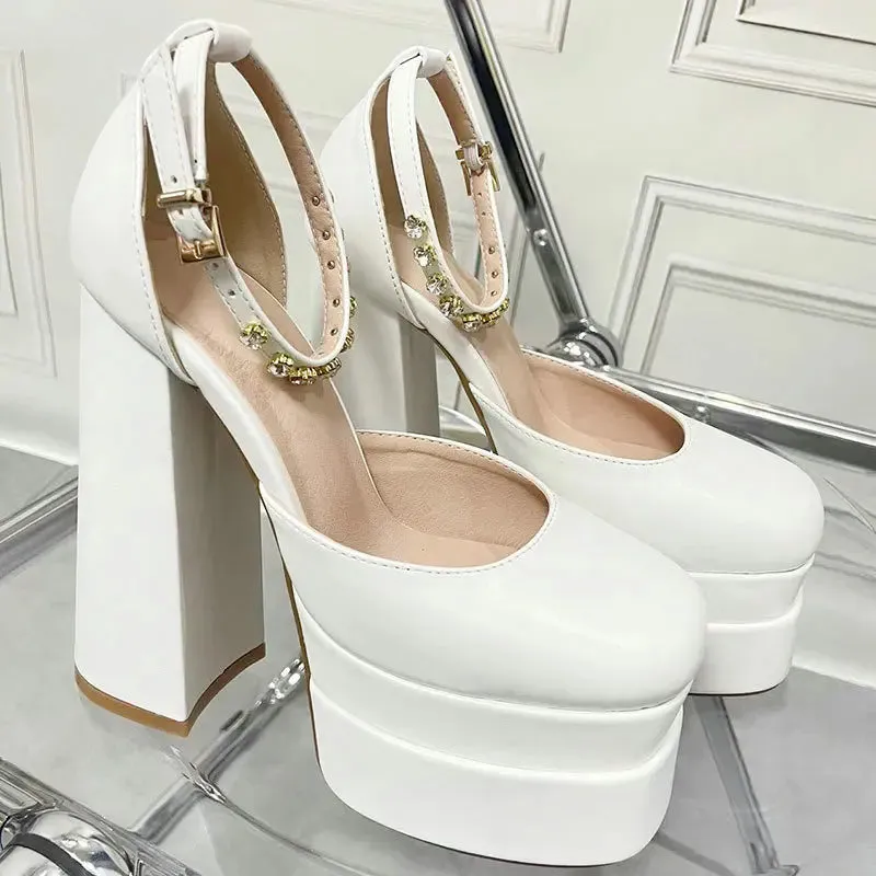 TAVIMART  -  High Quality Satin Women Super High Heels Square Toe Platform Ankle Strap Party Wedding Shoes Mary Jane Chunky Heel Shoes