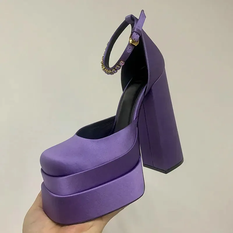 TAVIMART  -  High Quality Satin Women Super High Heels Square Toe Platform Ankle Strap Party Wedding Shoes Mary Jane Chunky Heel Shoes