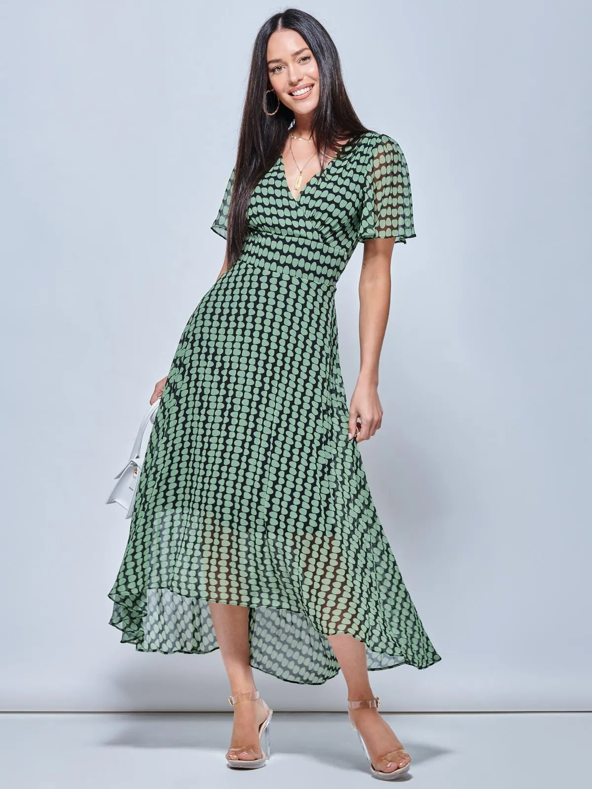 V Neck Pleated Chiffon Maxi Dress, Green Geometric