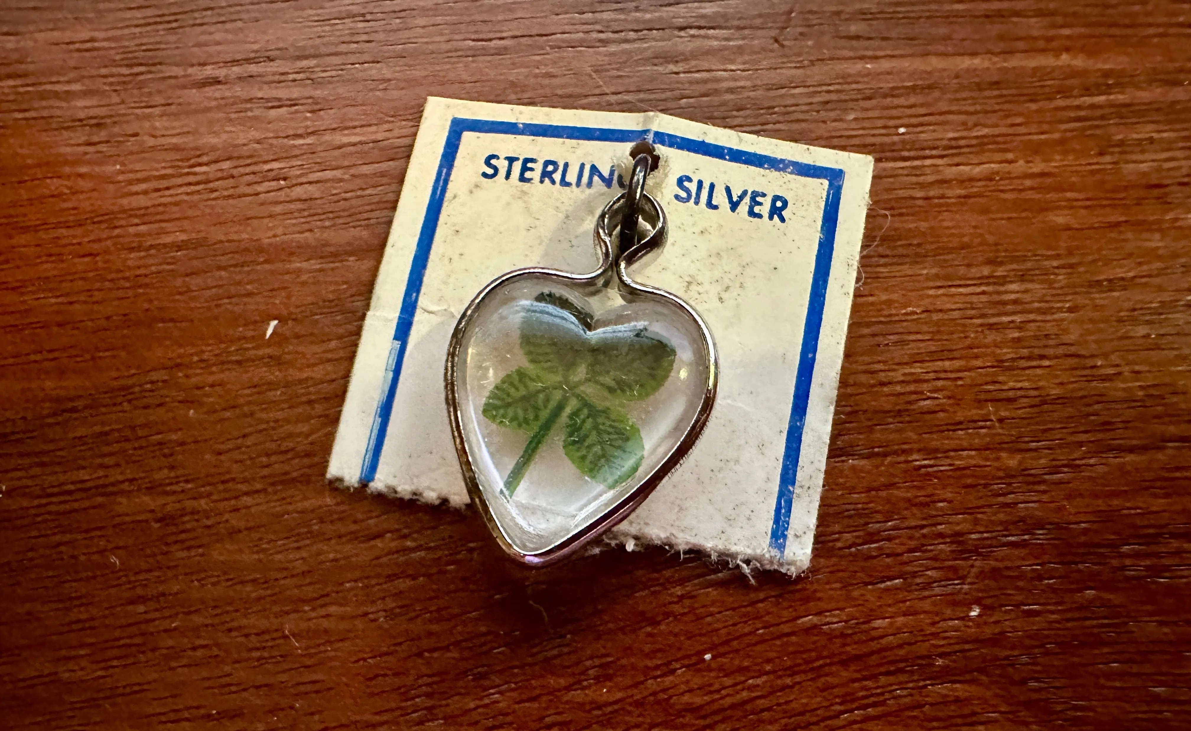 Vintage Sterling Silver 925 Heart Shaped Four Leaf Clover in Lucite Charm