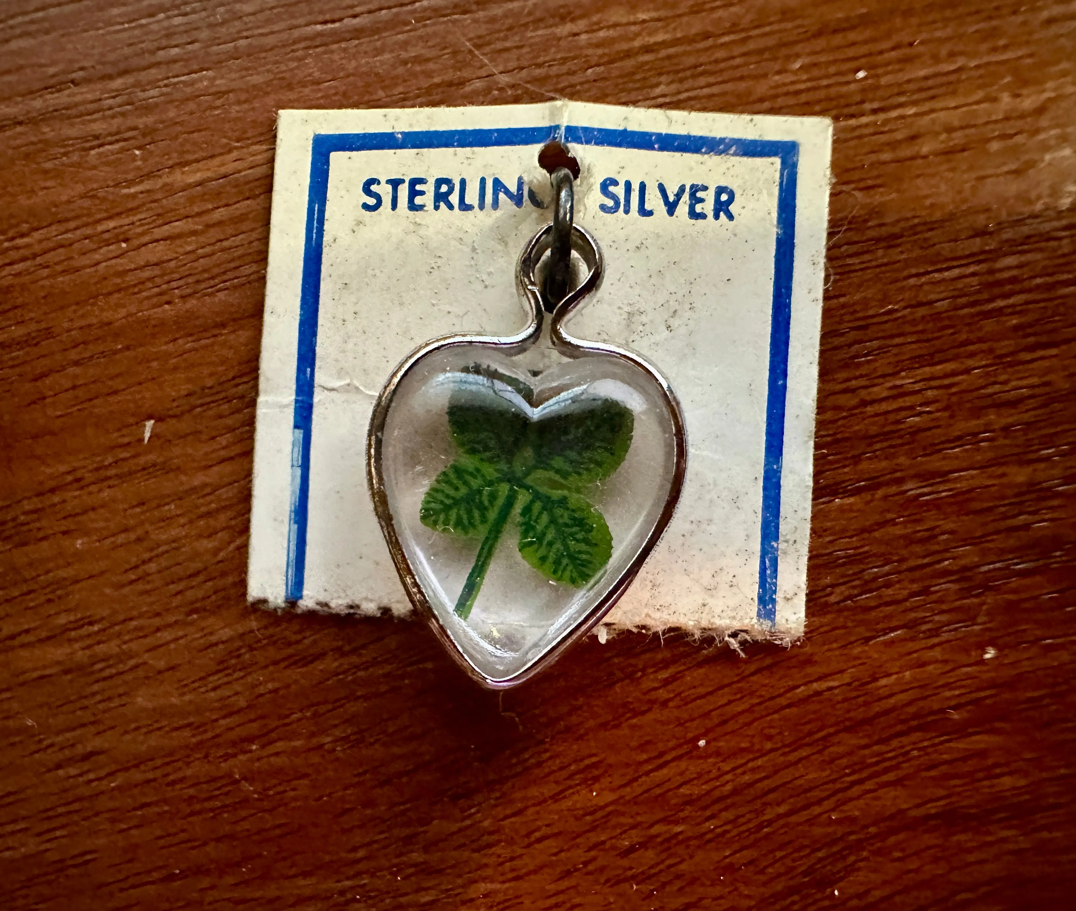 Vintage Sterling Silver 925 Heart Shaped Four Leaf Clover in Lucite Charm